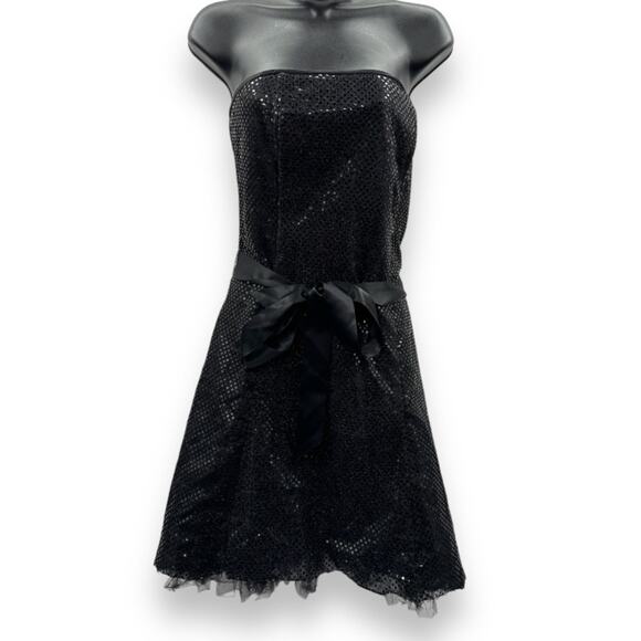 Vintage 80s Jessica McClintock Gunne Sax Black Sequin Tulle Strapless Mini Dress - Picture 1 of 11
